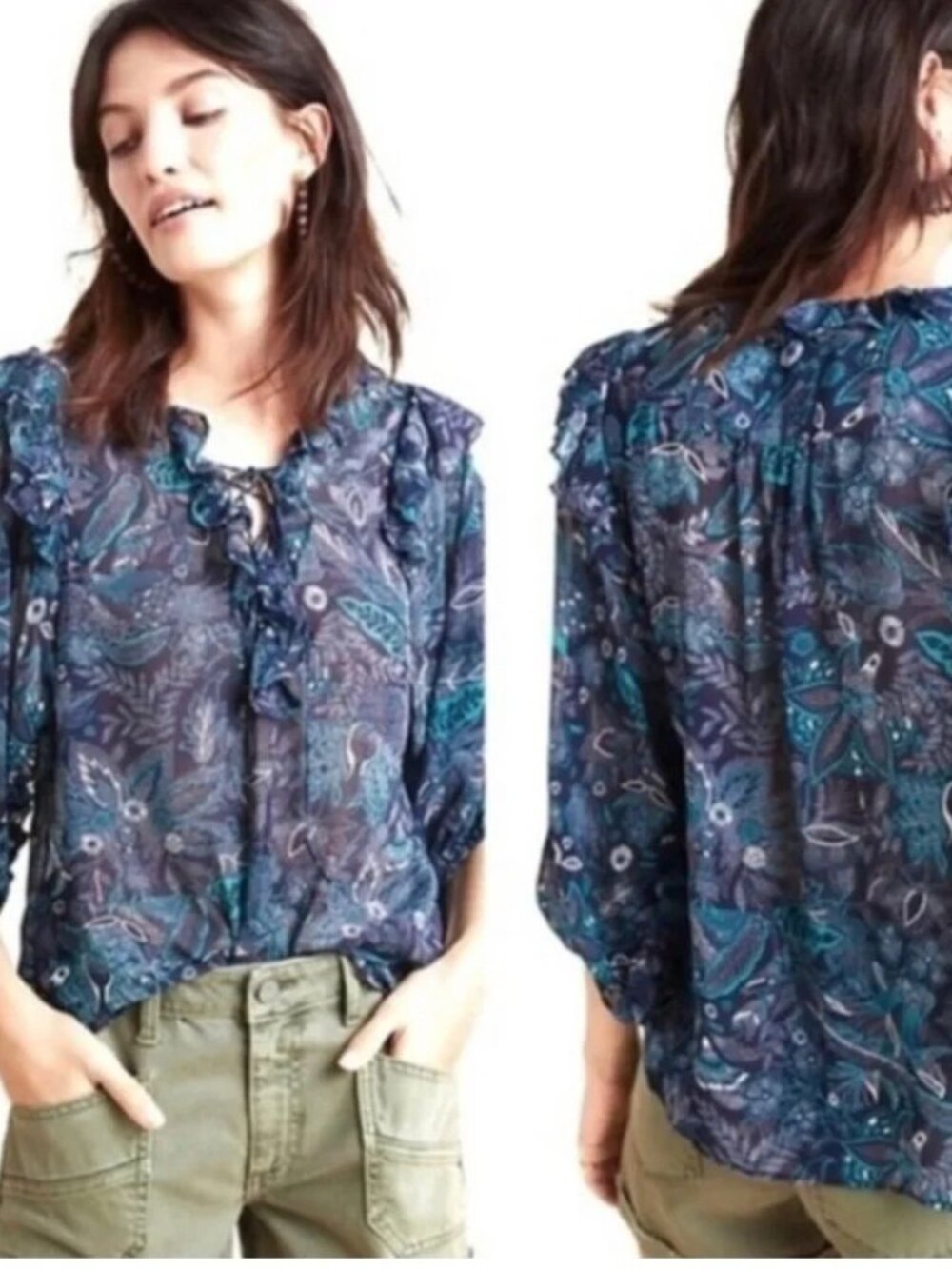 Anthropologie Flowy Navy Teal Floral Ruffle Tie Neck Blouse